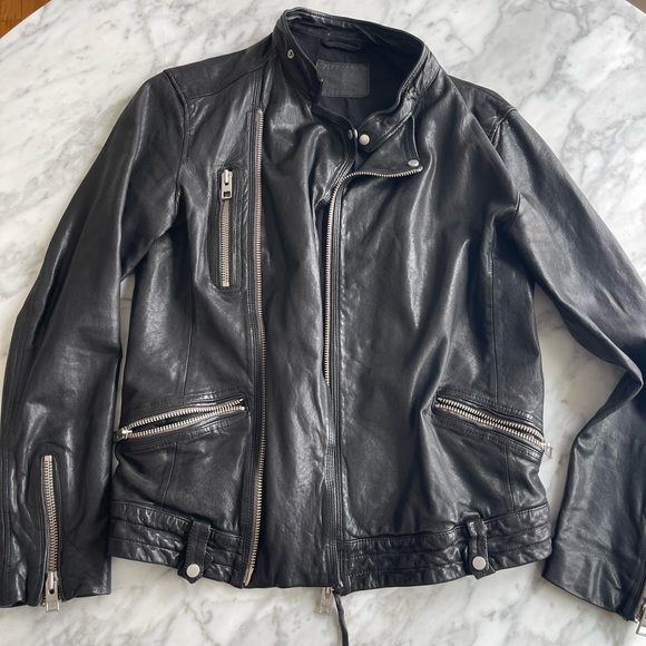 All Saints Black Leather Biker Jacket, size XS - Picture 1 of 6